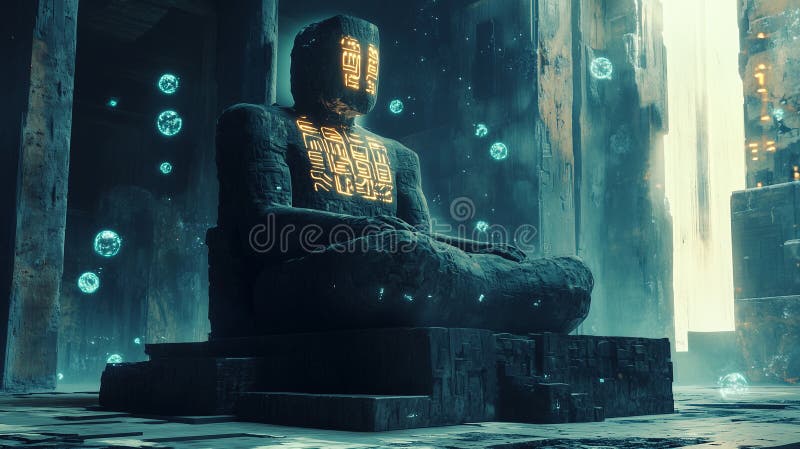 Massive humanoid stone figure as a Sumerian AI oracle in a mystical ancient setting filled with glowing orbs stock photo