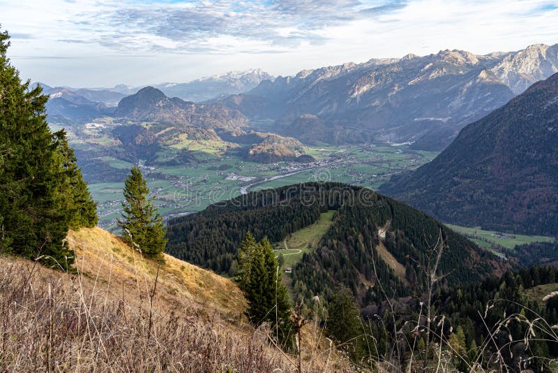 Massive Mountain Chain, Forest and Meadows of the German Alps Stock