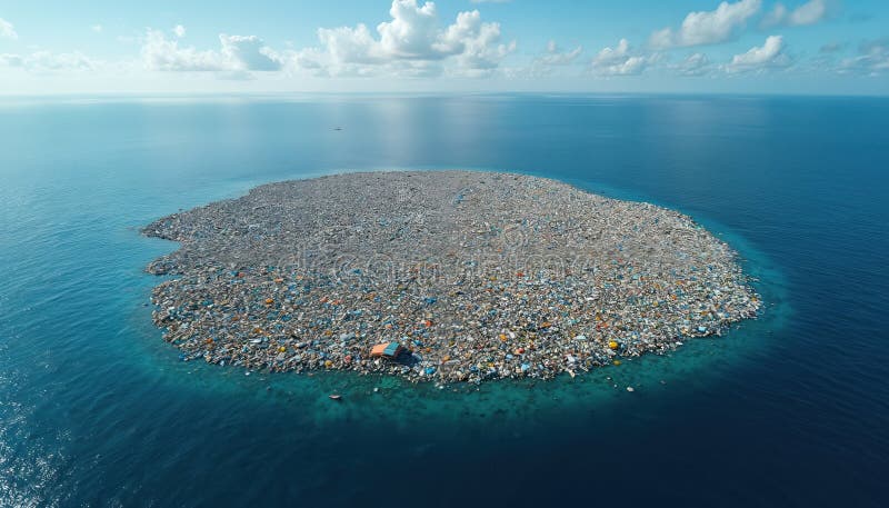 Massive plastic island floats in ocean water. Trash accumulation forms island like structure on blue sea surface. Environmental royalty free illustration