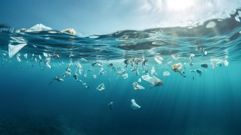 Massive plastic and other debris slowly drifts under surface of the blue ocean in the sun lights. royalty free illustration