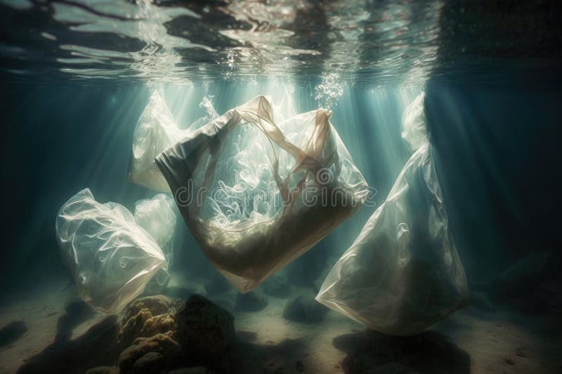 Massive plastic pollution of the sea bottom. Bags and other plastic garbage debris on seabed. Generative AI royalty free illustration