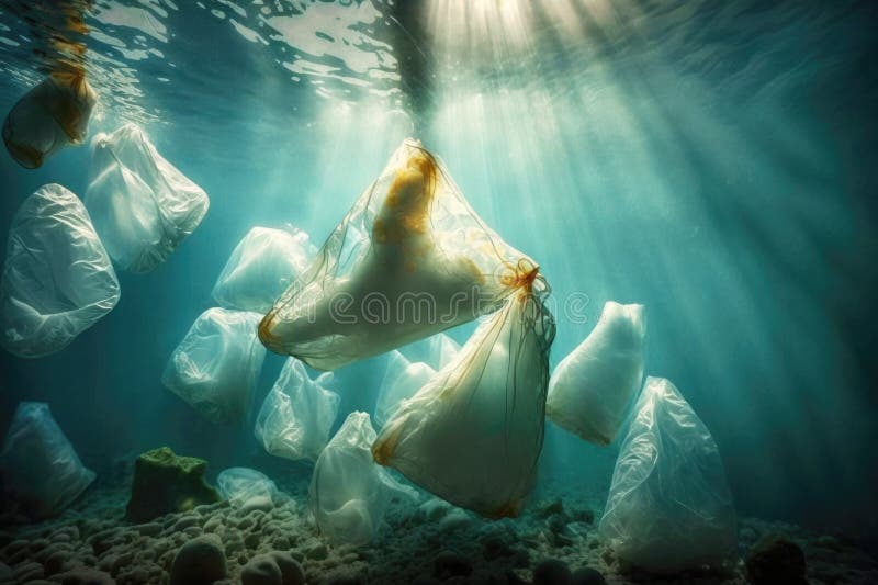 Massive plastic pollution of the sea bottom. Bags and other plastic garbage debris on seabed. Generative AI royalty free illustration
