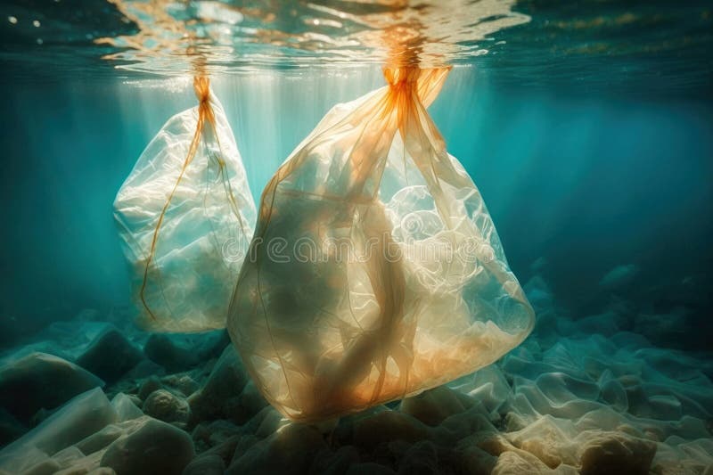 Massive plastic pollution of the sea bottom. Bottles, bags and other plastic garbage debris on seabed. Generative AI stock illustration