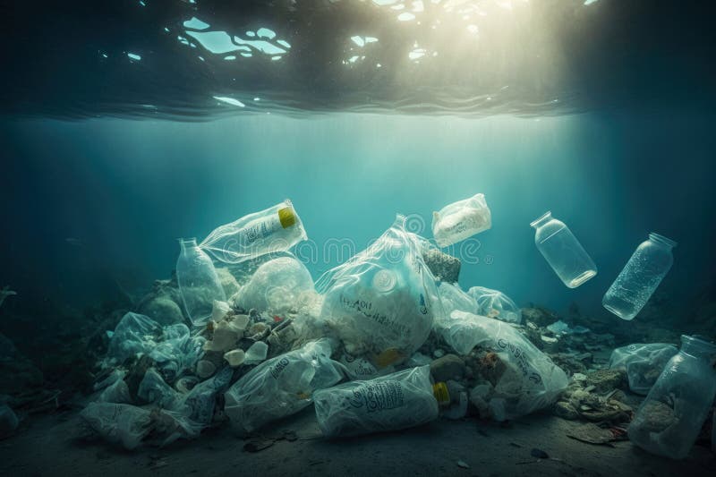 Massive plastic pollution of the sea bottom. Bottles, bags and other plastic garbage debris on seabed. Generative AI royalty free illustration