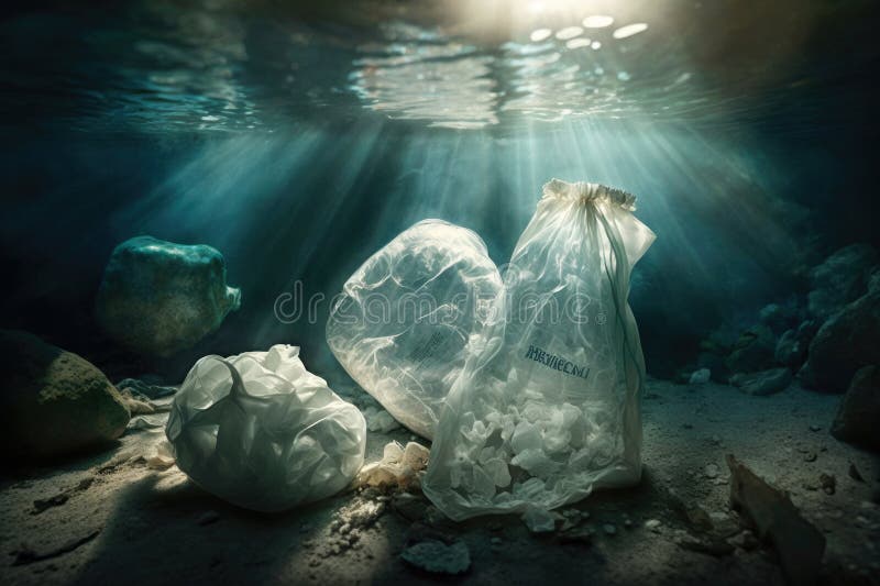 Massive plastic pollution of the sea bottom. Bottles, bags and other plastic garbage debris on seabed. Generative AI stock illustration