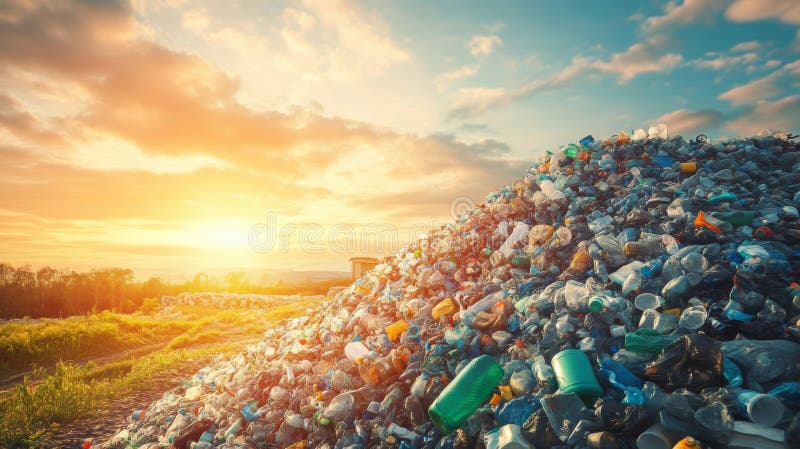 Massive Plastic Waste Pile At Sunset Landscape vector illustration