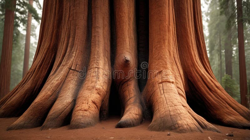 Close-Up of Giant Sequoia Root Base with Textured Reddish Bark in Ancient Forest royalty free stock photo