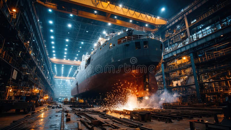 Massive ship construction shipyard with welder working metal plates, creating sparks. industrial setting is illuminated by bright vector illustration