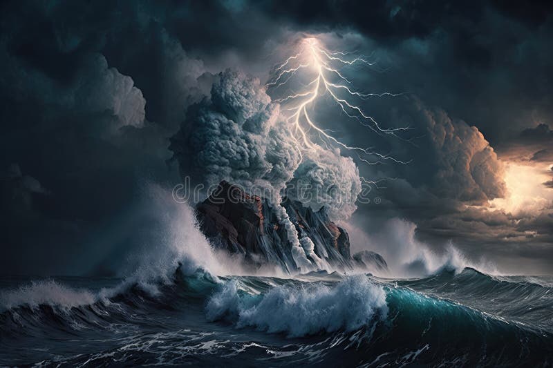 Massive Storm Brewing in the Ocean, with Towering Waves and Lightning