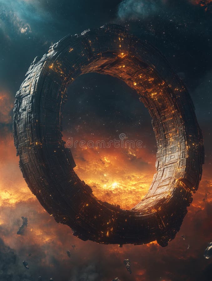 Massive Sumerian cosmic gateway floating amid swirling cosmic clouds and fiery backdrop in deep space royalty free stock photo