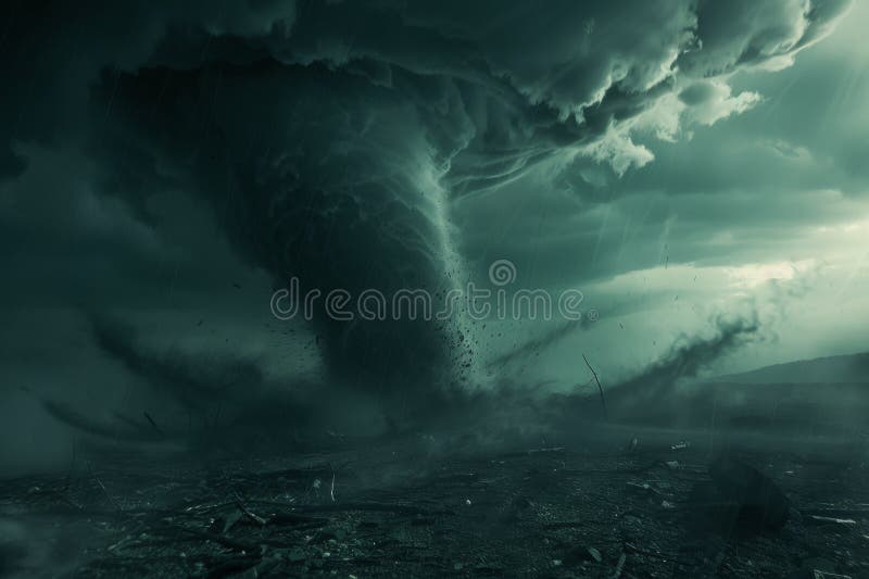 Massive Tornado Engulfing Landscape in Mysterious Dark Setting royalty free stock images