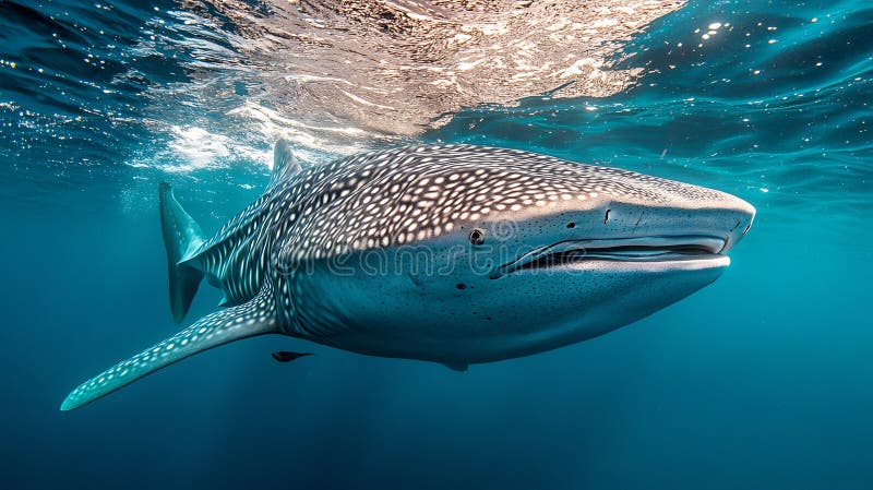 Massive Whale Shark Gliding Beneath Crystal-clear Waters, Sunlight Casting Patterns on Its Spotted Body stock images