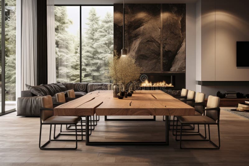 Massive Wooden Dining Table in a Modern Living Room Stock Illustration
