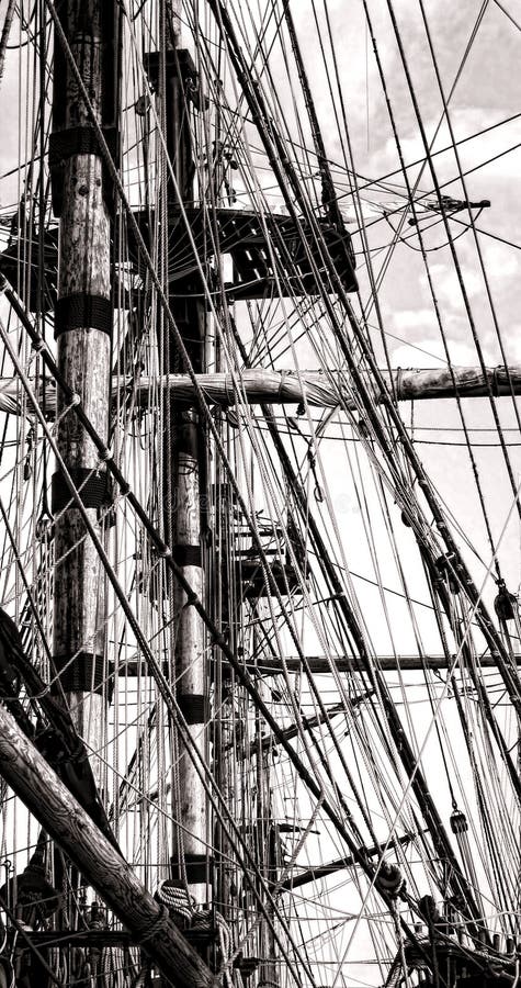 Mast and Rope Cordage Rigging on an Old Sail Ship stock photography