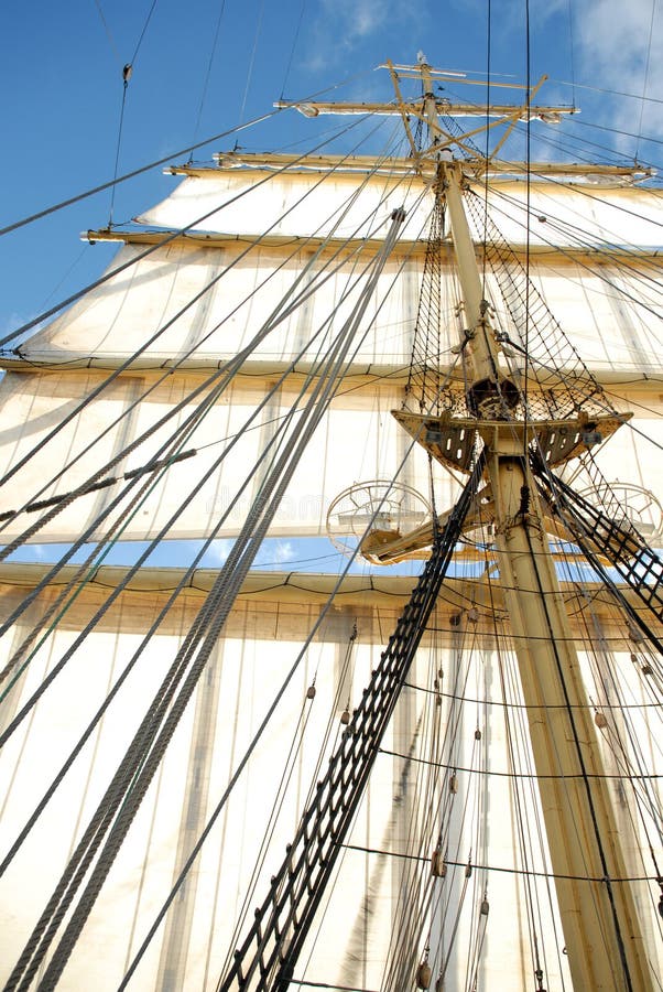 Mast of the ship with white sails