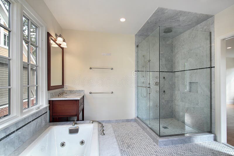 Master Bath with Glass Shower Stock Photo Image of furnishings