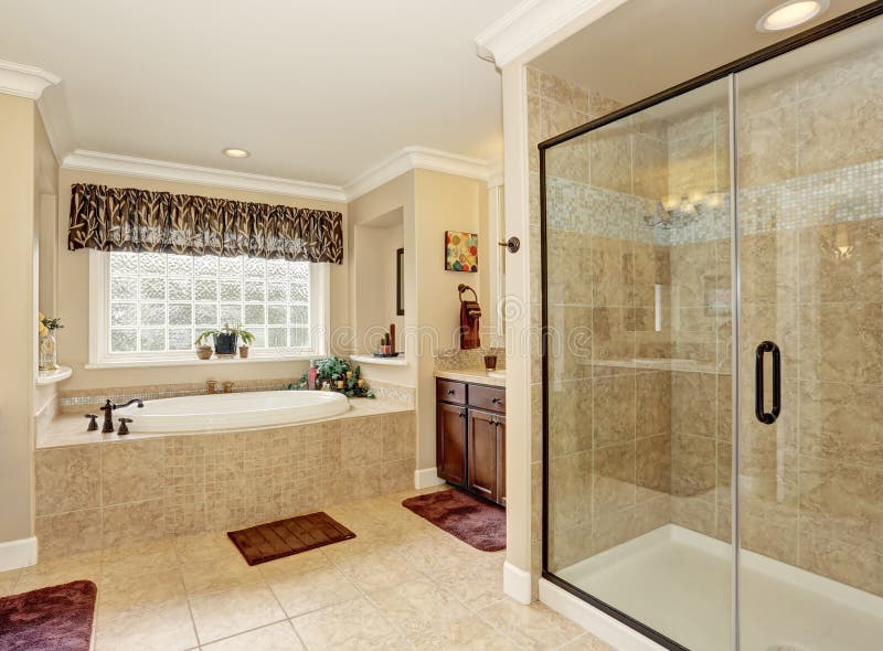 Master bathroom design with beige tile. royalty free stock images Master bathroom design with beige tile. royalty free stock images