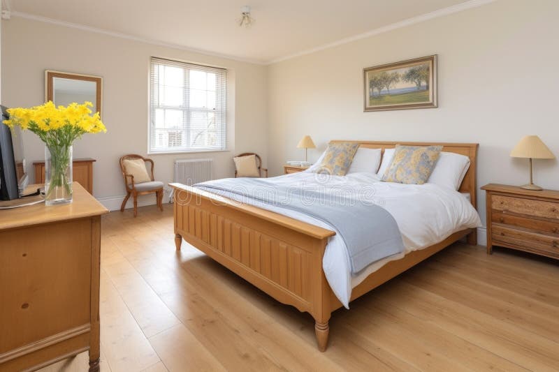 Master bedroom with large double bed, cot bed and reading corner, created with generative ai AI generated