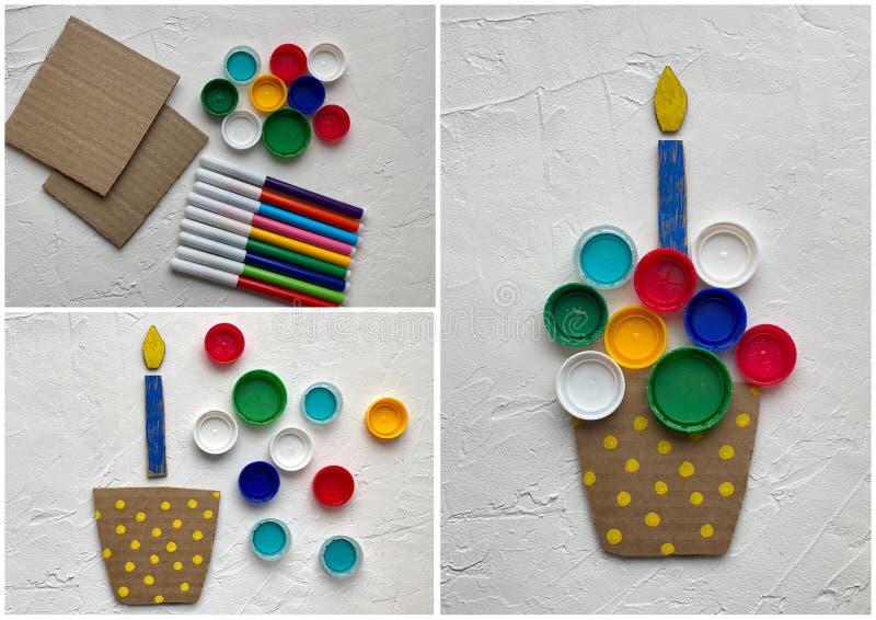 Master class, 3d application training made of recycled cardboard and plastic lids, cake with candle stock images