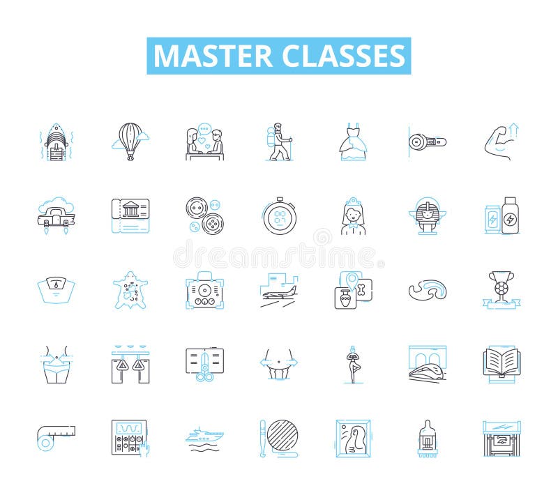 Master Classes linear icons set. Insider, Experts, Coach, Mentor, Specialist, Authority, Instructor line vector and royalty free illustration