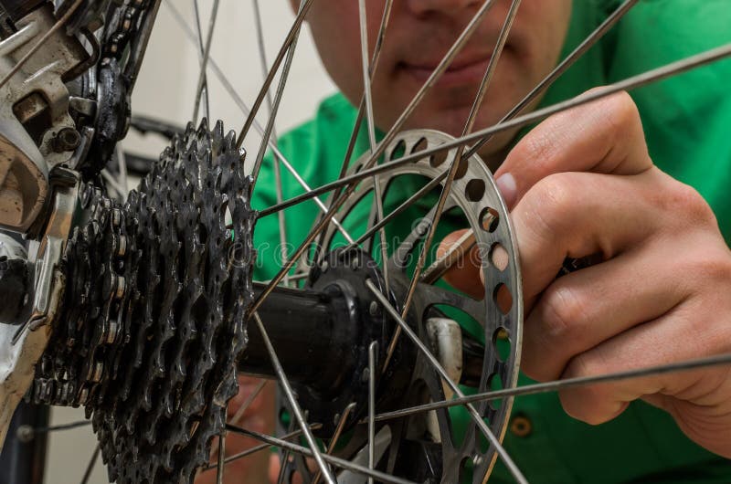 Master Repairs Bicycle in Bicycle Repair Shop Stock Image Image of