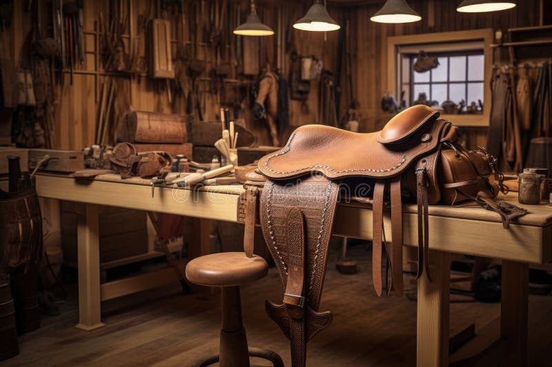 Master saddle makers workshop with tools royalty free stock photo