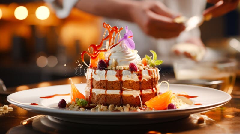 Masterful pastry chef work, creating intricate and delicious desserts in bakery kitchen. Precision and innovation as the chef stock illustration