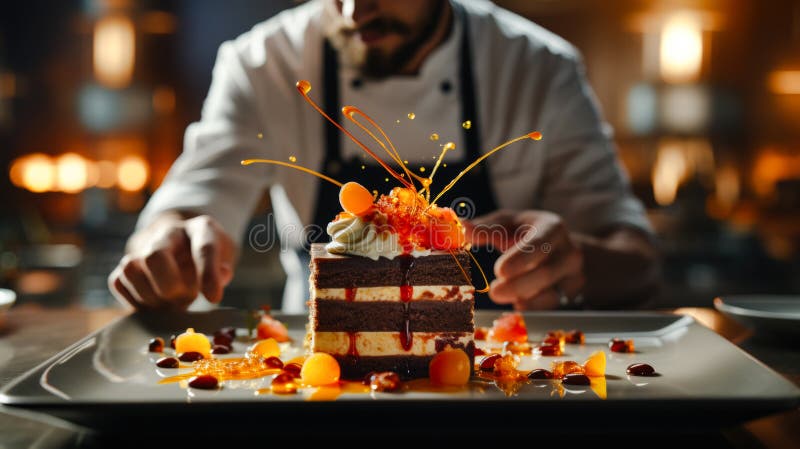 Masterful pastry chef work, creating intricate and delicious desserts in bakery kitchen. Precision and innovation as the chef vector illustration
