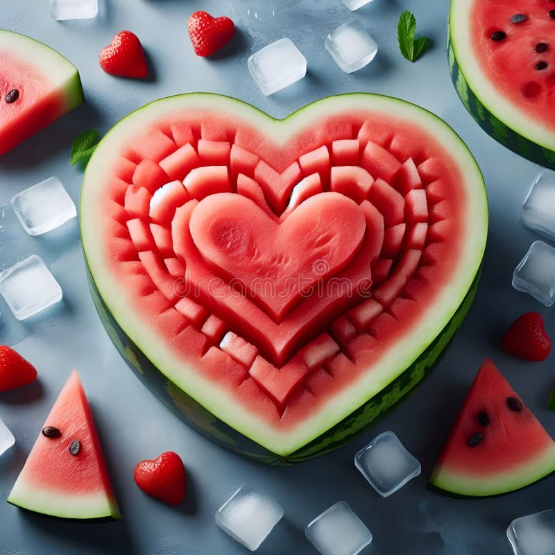 Intricately Carved Watermelon Heart with Ice on a Rustic Wooden Table ...