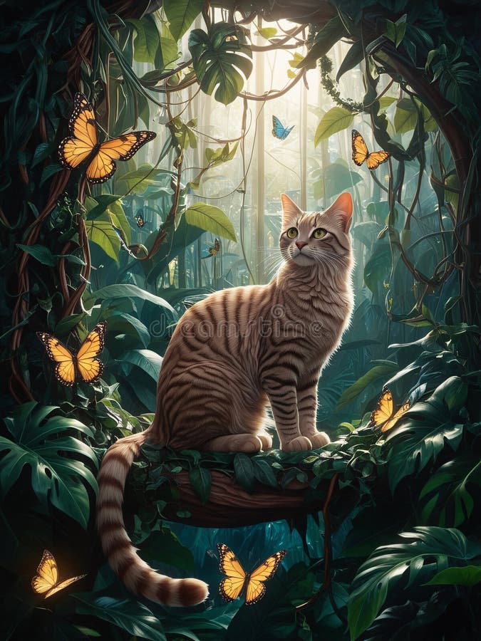 Junglă pisică drăguță cu splendometru luminiscent stock illustration
