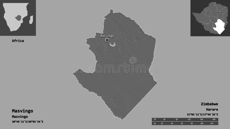 Masvingo, province of Zimbabwe,. Previews. Bilevel. Shape of Masvingo, province of Zimbabwe, and its capital. Distance scale, previews and labels. Bilevel vector illustration Masvingo, province of Zimbabwe,. Previews. Bilevel. Shape of Masvingo, province of Zimbabwe, and its capital. Distance scale, previews and labels. Bilevel vector illustration