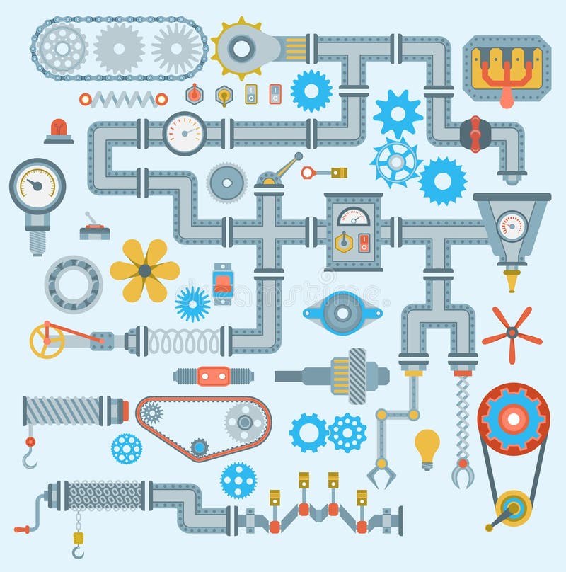 Maszyneria wektoru części mechanizmu mechaniczne ikony ustawiają produkci pracy automatycznego projekt Przekładni machinalnego wy ilustracji