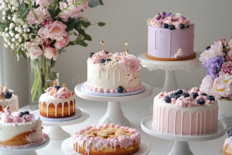 Masă elegantă pentru desert, cu prăjituri și prăjituri în floral stock photography