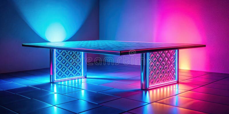 Masă modernă iluminată cu accente de neon într-o cameră cu podea geometrică. IA generativă royalty free illustration