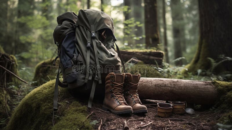 Matériel De Randonnée En Forêt. Sac à Dos Et Bottes à Cheville En Cuir. Ai  Génératif Illustration Stock - Illustration du isolement, objet: 275575172