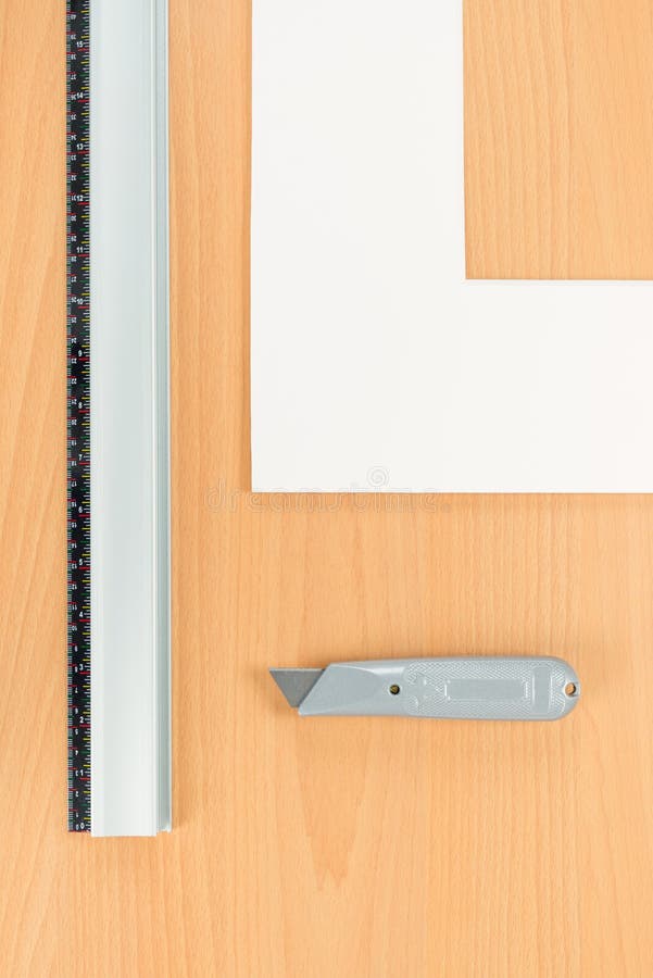 Mat Cutter Kit. Ruler, Knife on Wooden Background Stock Image Image