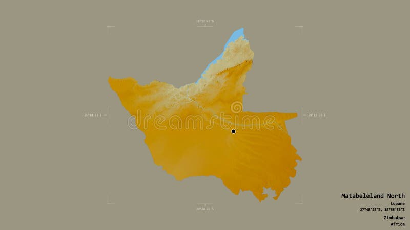 Matabeleland North - Zimbabwe. Bounding box. Relief. Area of Matabeleland North, province of Zimbabwe, isolated on a solid background in a georeferenced bounding vector illustration Matabeleland North - Zimbabwe. Bounding box. Relief. Area of Matabeleland North, province of Zimbabwe, isolated on a solid background in a georeferenced bounding vector illustration