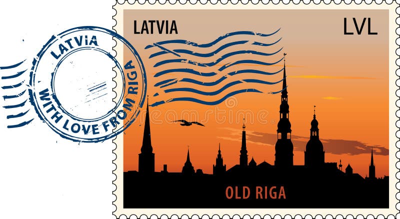 Postmark with night sight of Old Riga cityscape. Postmark with night sight of Old Riga cityscape