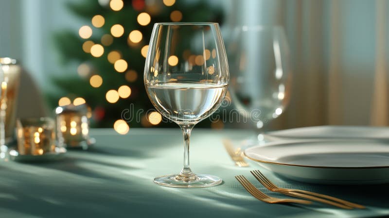 Matbordet med elegant middagsbord som ställer in christmas-trädbokeh-vinglasplattor symboliserar firandet royaltyfri illustrationer