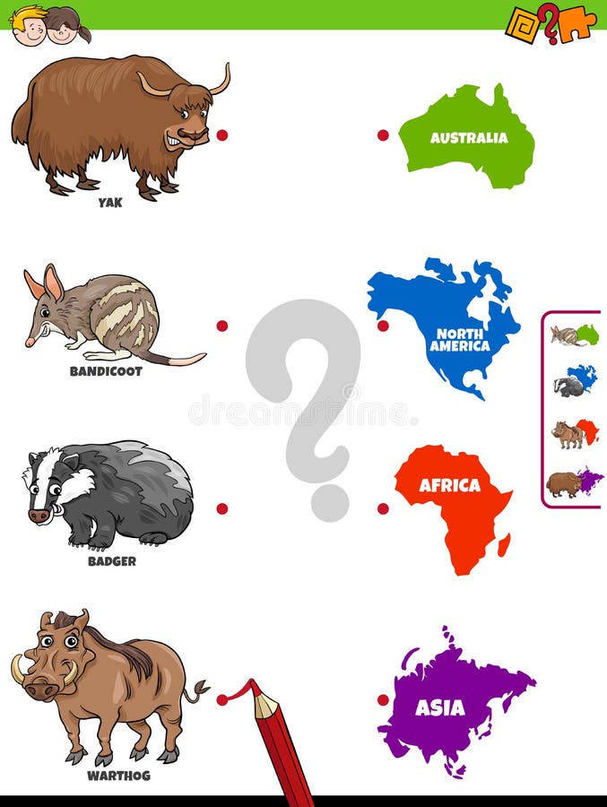 Match Animals and Continents Educational Game for Kids Stock Vector -  Illustration of consort, asia: 171368176