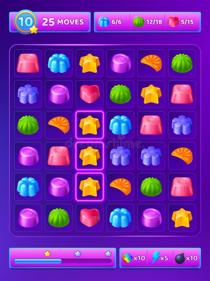 Match 3 game background with cute candy icons stock illustration