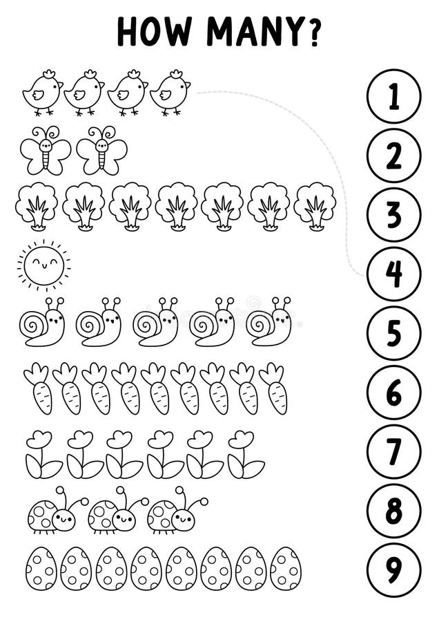 Match the numbers line Easter game with holiday symbols. Spring math black and white activity for kids. Educational counting stock illustration