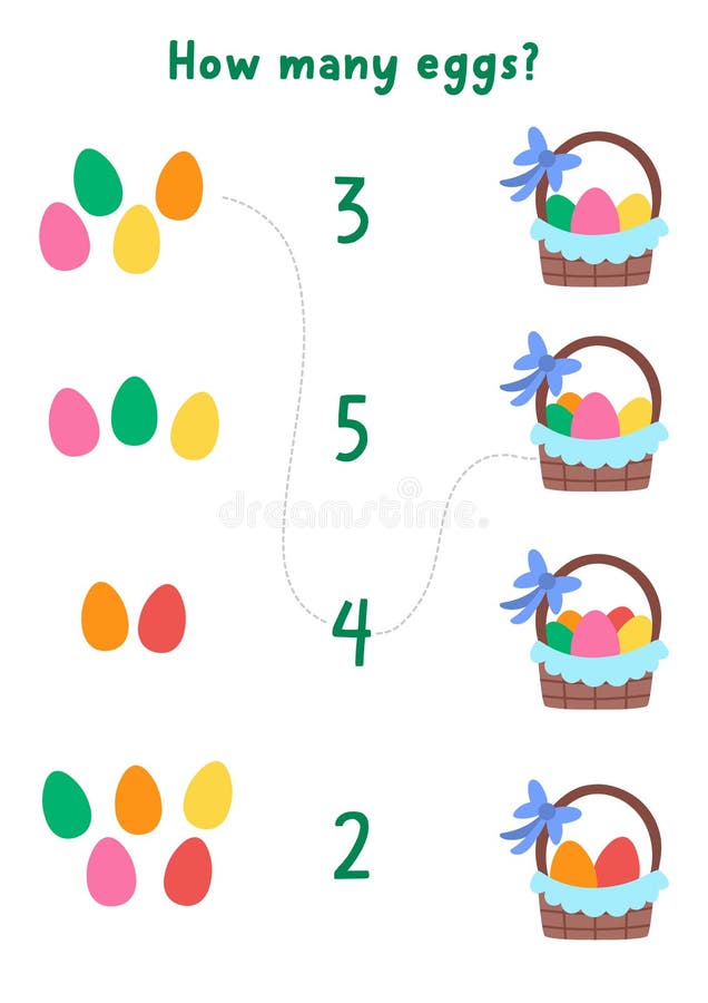Match the numbers simple Easter game with baskets and colored eggs. Spring math activity for preschool kids. Educational counting stock illustration