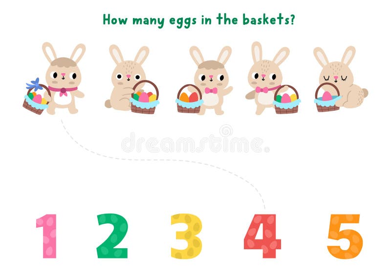 Match the numbers simple Easter game with bunny baskets with colored eggs. Spring holiday math activity for preschool kids. royalty free illustration