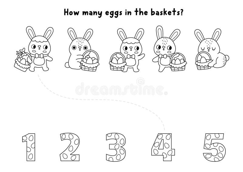 Match the numbers simple Easter game with bunny baskets with eggs. Spring holiday black and white math activity for preschool kids stock illustration