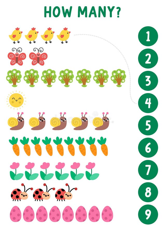 Match the numbers simple Easter game with holiday symbols. Spring math activity for preschool kids. Educational counting worksheet vector illustration
