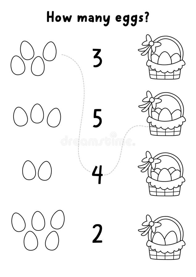 Match the numbers simple line Easter game with baskets and eggs. Spring math black and white activity for preschool kids. stock illustration