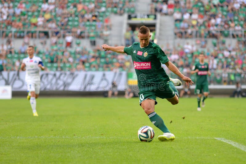 Match T-Mobile Ekstraklasa between Wks Slask Wroclaw and Ruch Chorzow. Cross ball by Robert Pich