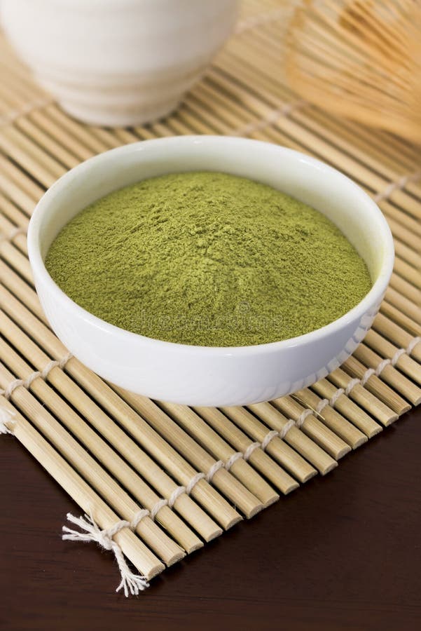 Matcha Fine Powdered Green Tea on Paper Texture with Warm Fall Colors, Softfocus in the