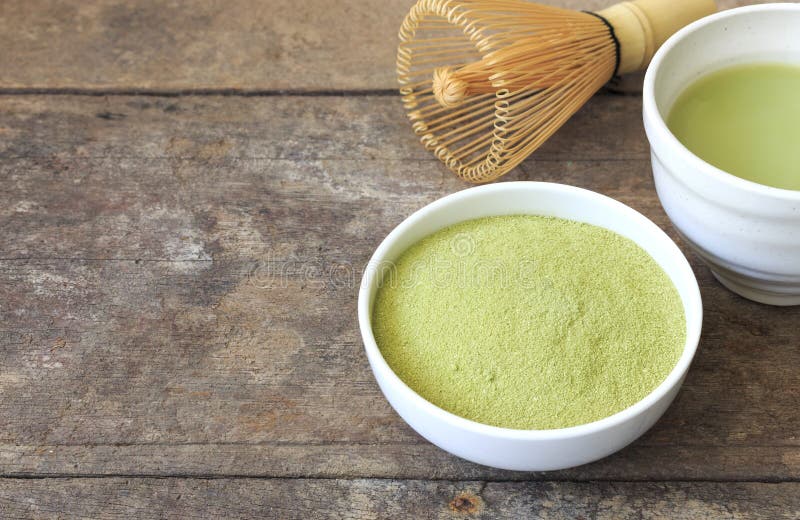 Matcha Fine Powdered Green Tea on Paper Texture with Warm Fall Colors, Softfocus in the